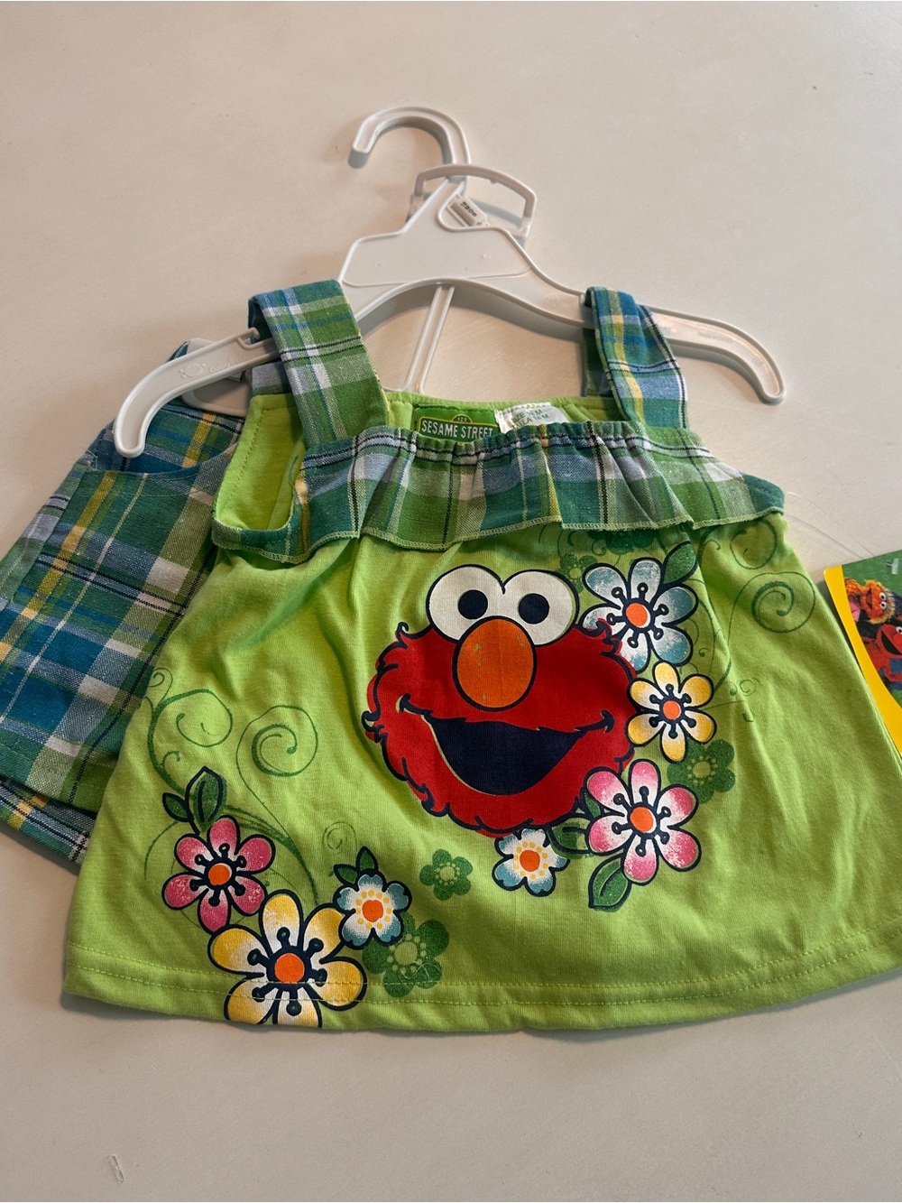 Vintage Y2K Rare Elmo Sesame Street Girls Tank Top Plaid Shorts Set Green Blue
